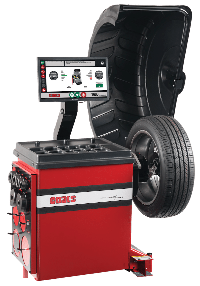 Coats 1600 3D Wheel Balancer with touchscreen display and mounted tire on white background