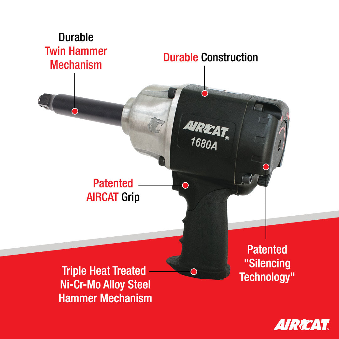 Aircat 1680A Impact Wrench annotated diagram highlighting Twin Hammer Mechanism, Durable Construction, Patented AIRCAT Grip, Triple Heat Treated Ni-Cr-Mo Alloy Steel Hammer Mechanism, and Patented Silencing Technology