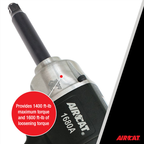 Aircat 1680A Impact Wrench closeup showing 1400 ft-lb max torque and 1600 ft-lb loosening torque callout