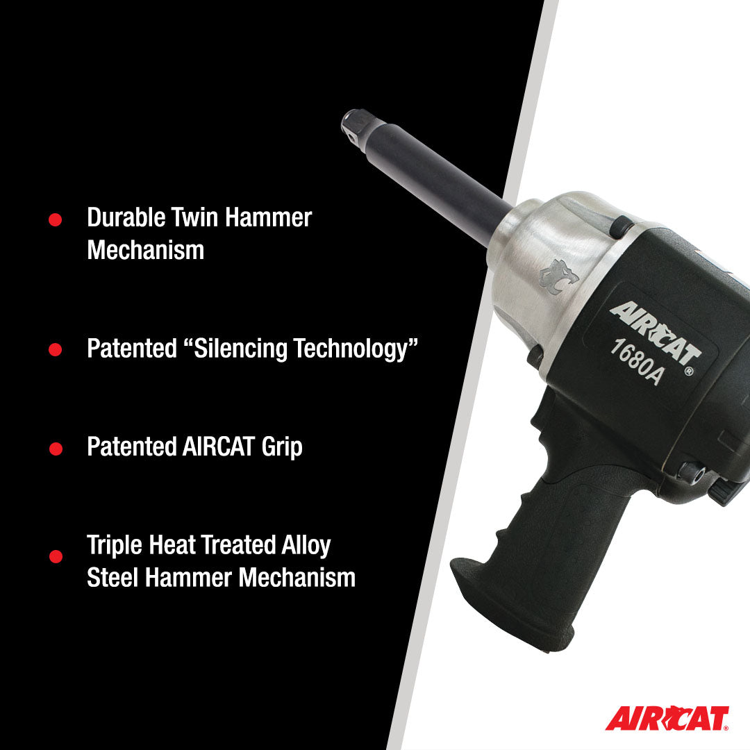 Aircat 1680A Impact Wrench feature infographic: Durable Twin Hammer Mechanism, Patented Silencing Technology, Patented AIRCAT Grip, Triple Heat Treated Alloy Steel Hammer Mechanism