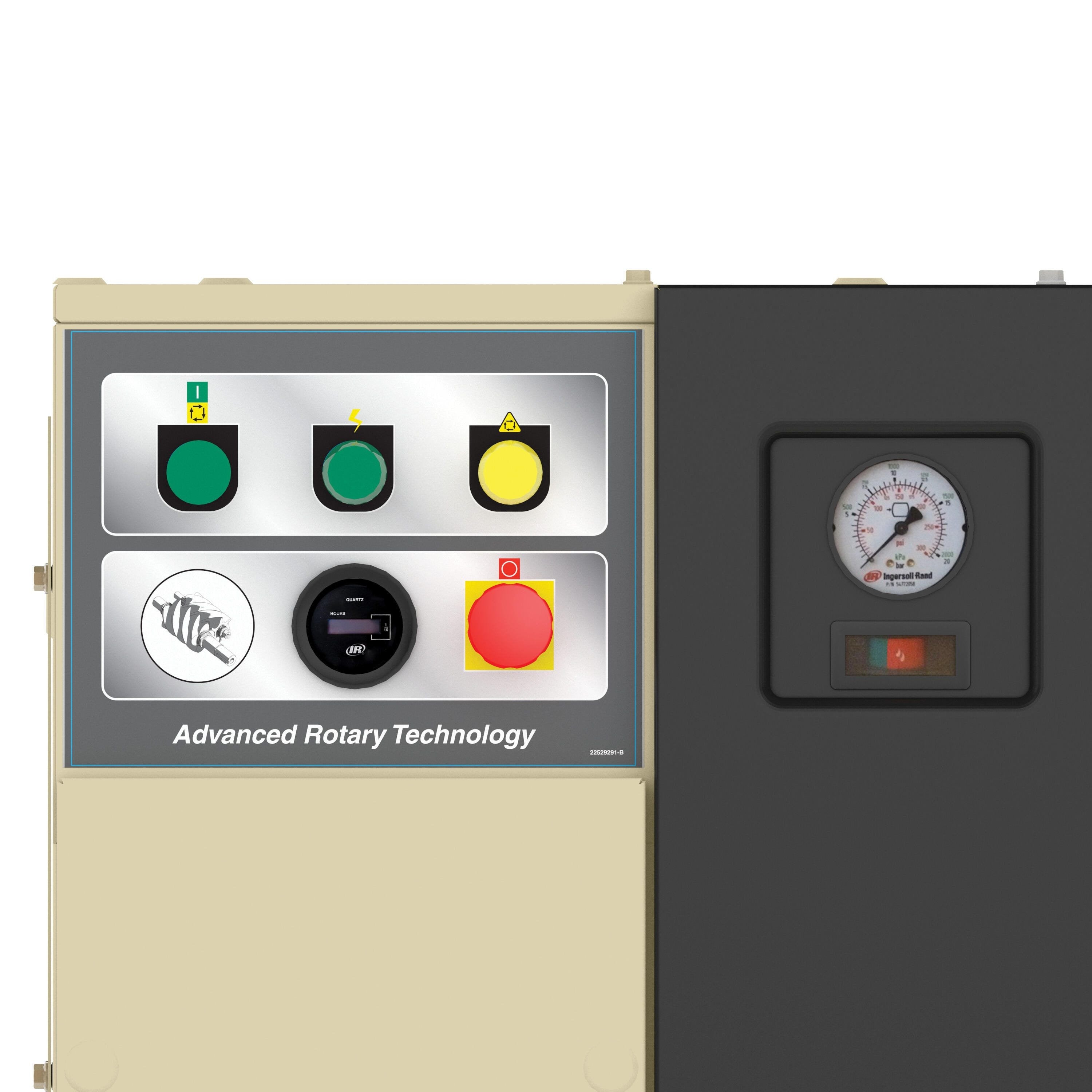 Ingersoll Rand UP6-5-150 control panel closeup featuring Advanced Rotary Technology label and pressure gauge