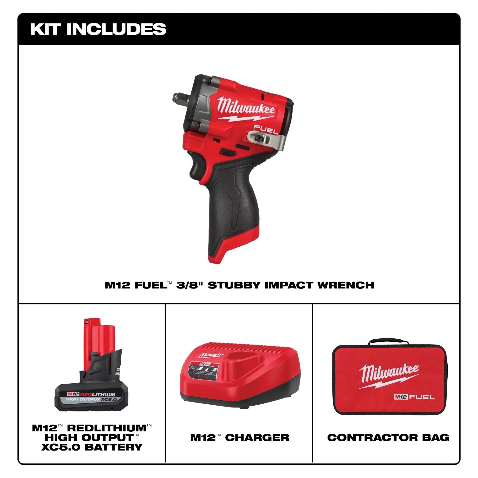 Milwaukee Tool 2562-21 M12 FUEL Stubby 3/8 in Impact Wrench Kit contents: wrench, M12 REDLITHIUM HIGH OUTPUT XC5.0 battery, M12 charger, and contractor bag