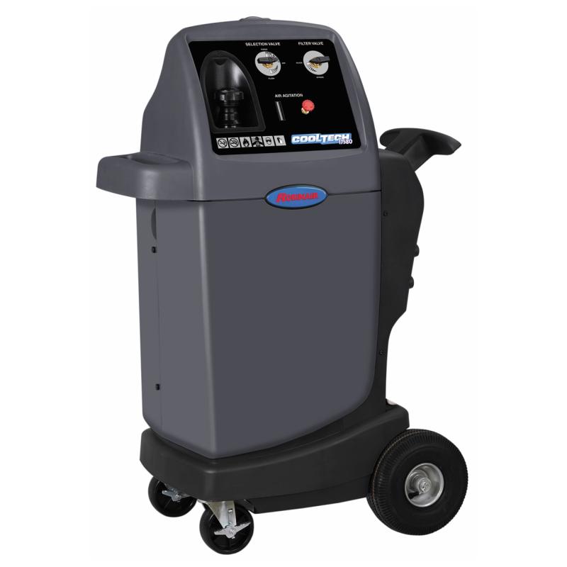 Robinair CoolTech 17580 A/C System Component Flusher with wheels, selection valve, filter valve, and air agitation controls on front panel