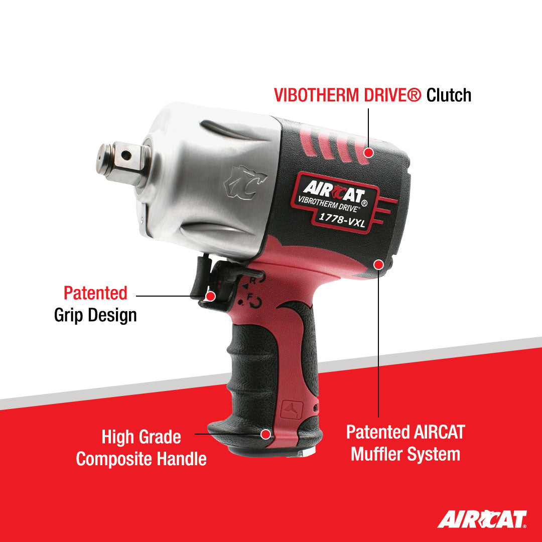Aircat 1778-VXL feature callout infographic showing VIBROTHERM DRIVE clutch, patented grip design, high grade composite handle, and patented AIRCAT muffler system