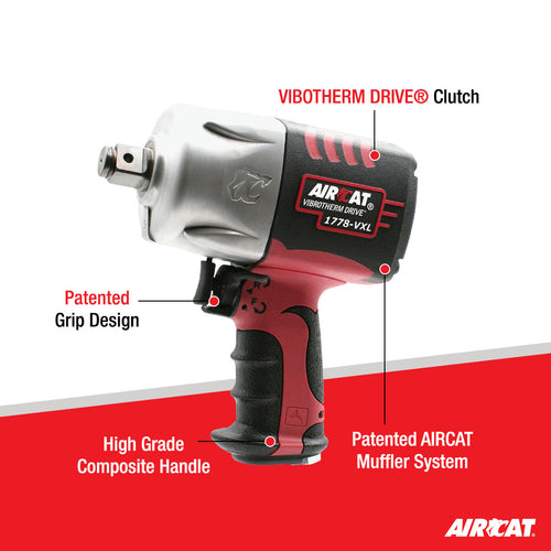 Aircat 1778-VXL feature callout infographic showing VIBROTHERM DRIVE clutch, patented grip design, high grade composite handle, and patented AIRCAT muffler system