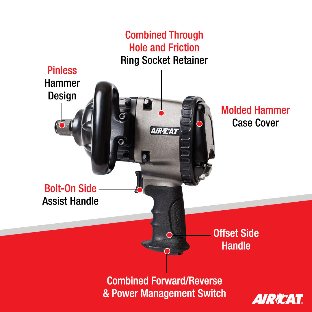 Aircat 1880-P-A feature diagram: pinless hammer, socket retainer, bolt-on side assist handle, and power management switch