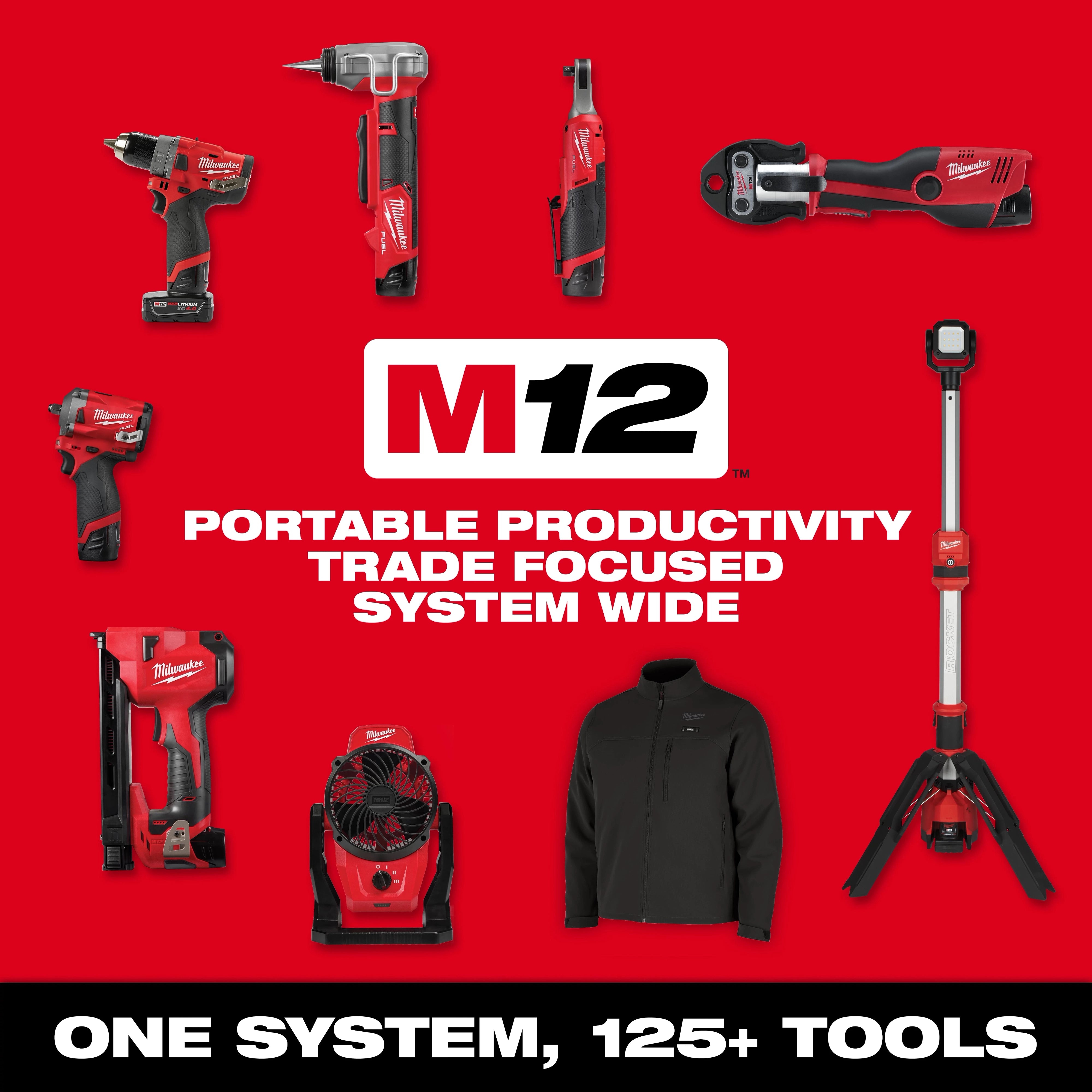 Milwaukee M12 System ecosystem image showing 125+ compatible tools and accessories