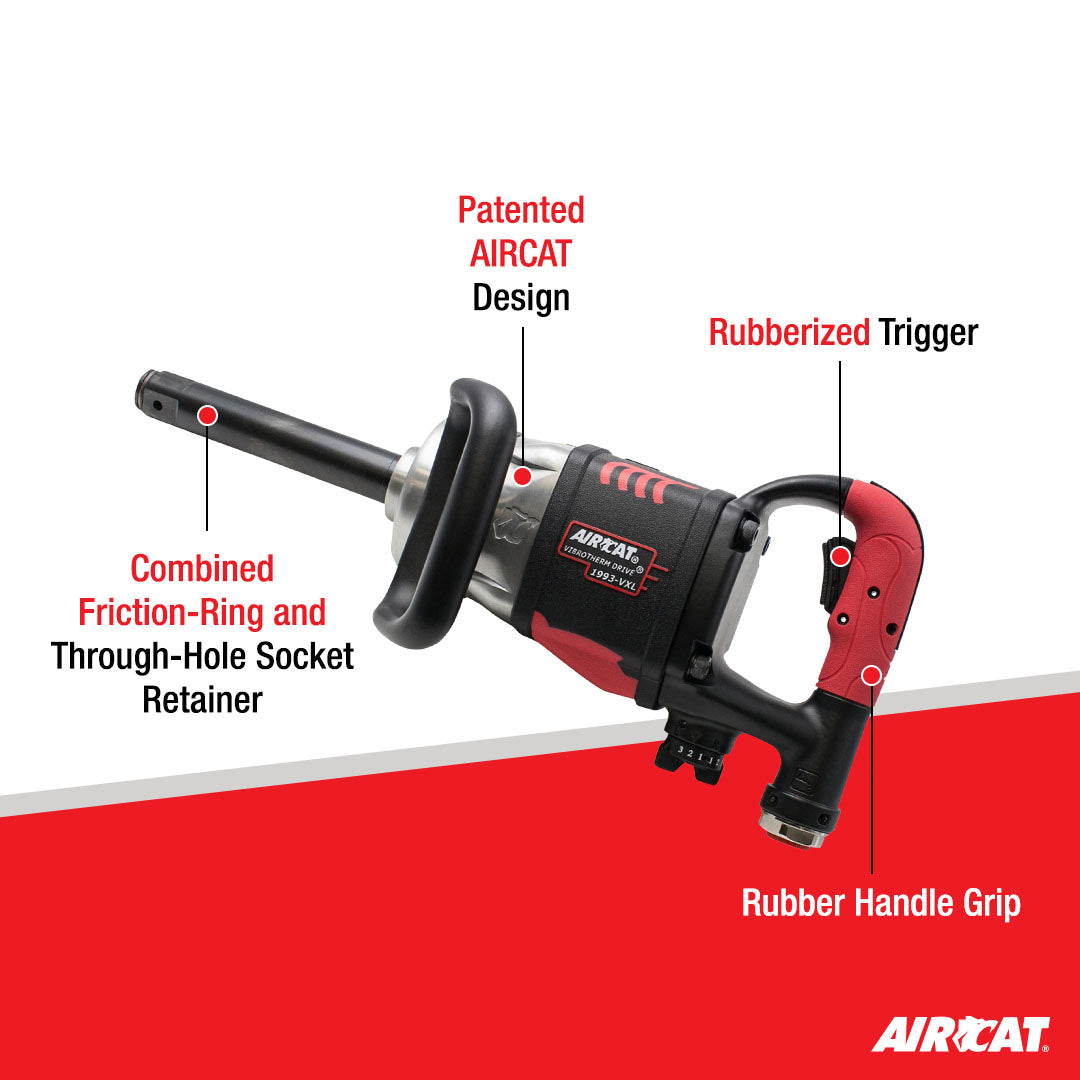 Aircat 1993-VXL Impact Wrench feature callout diagram showing patented AIRCAT design, rubberized trigger, combined friction-ring and through-hole socket retainer, and rubber handle grip