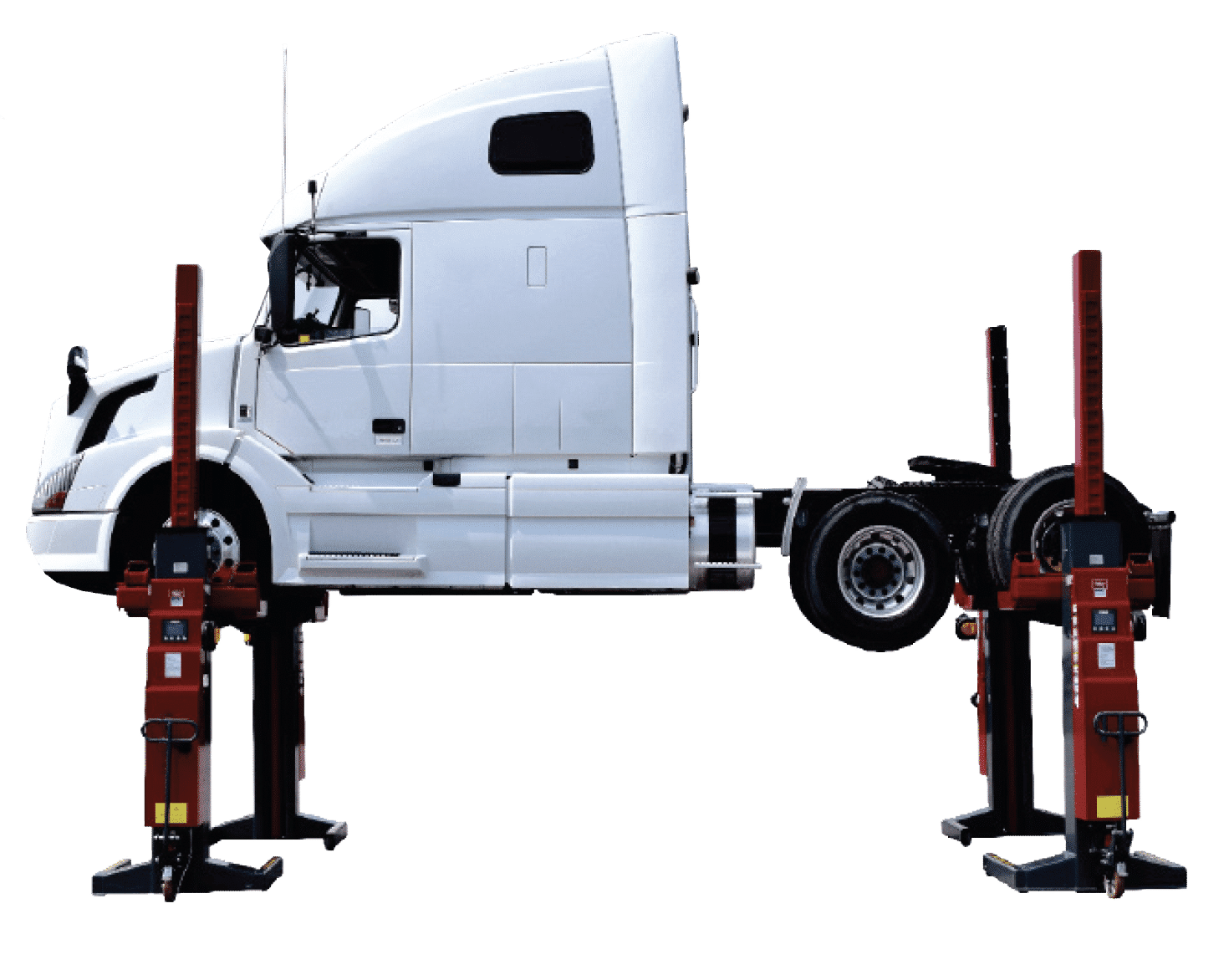 Side view of Coats 19K Mobile Column Lift with semi truck raised on four columns