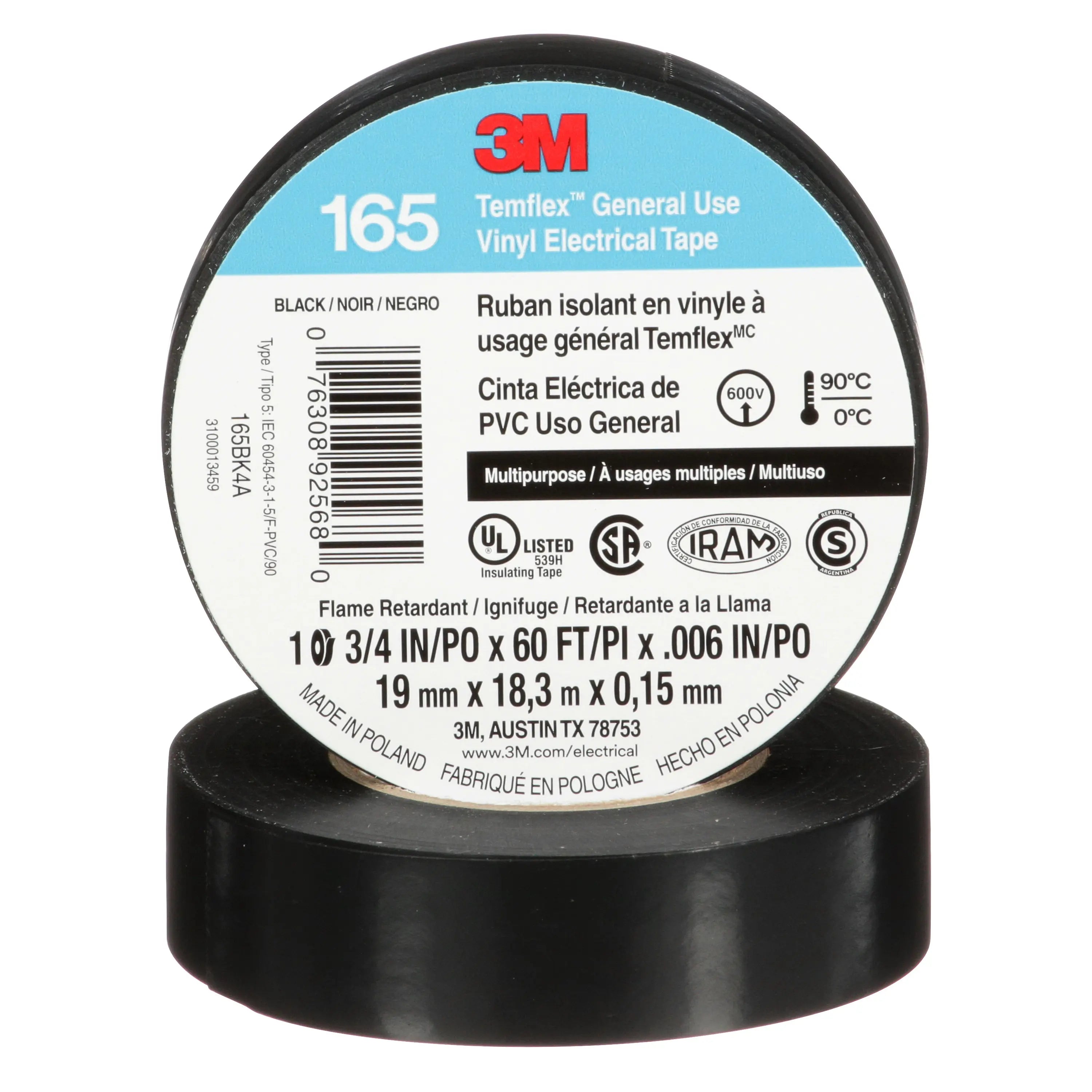 3M Temflex 165 Black Vinyl Electrical Tape 3/4 in x 60 ft product label view