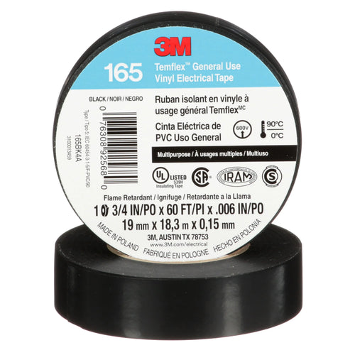 3M Temflex 165 Black Vinyl Electrical Tape 3/4 in x 60 ft product label view