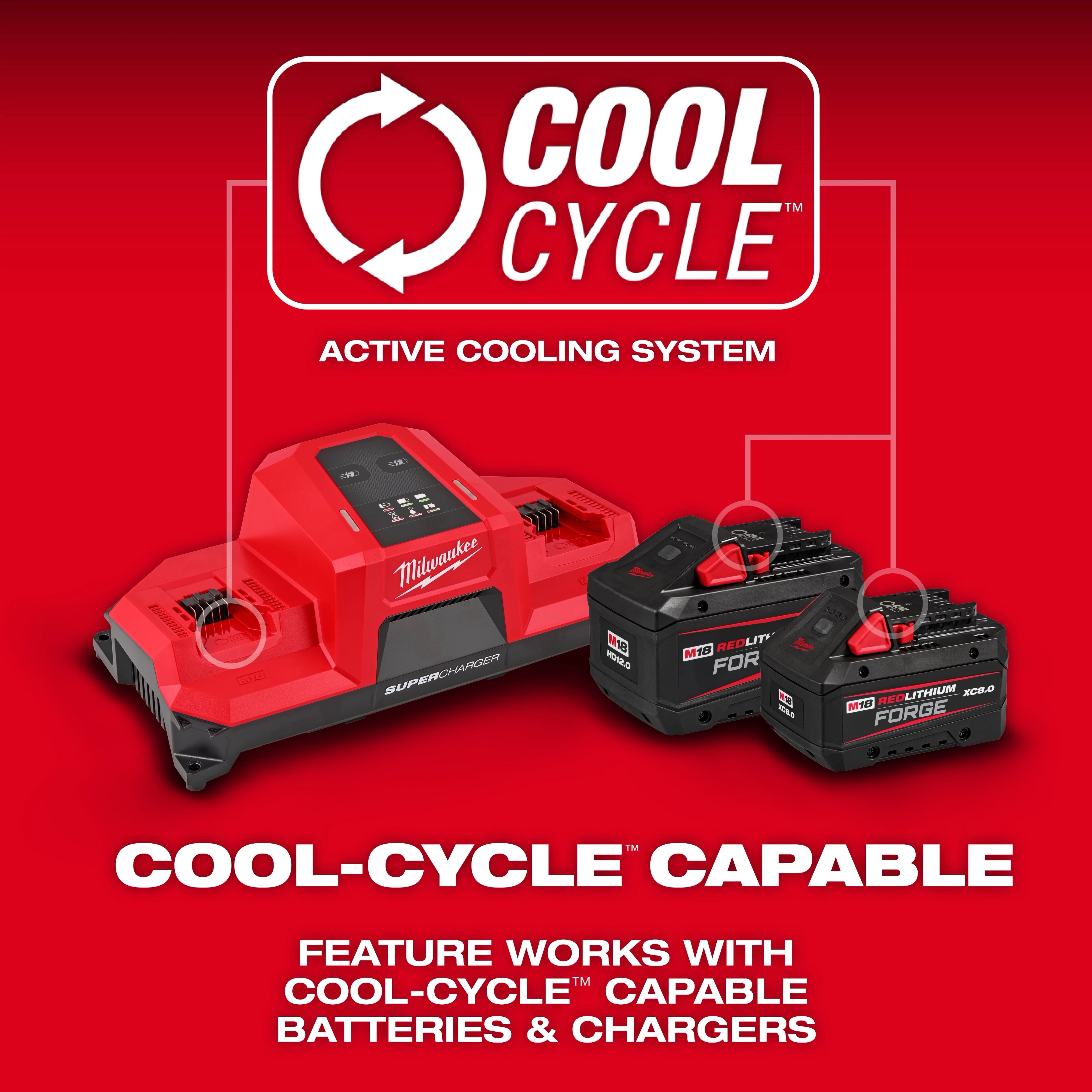 Milwaukee M18 Super Charger COOL-CYCLE Active Cooling System feature with FORGE HD12.0 and XC8.0 batteries