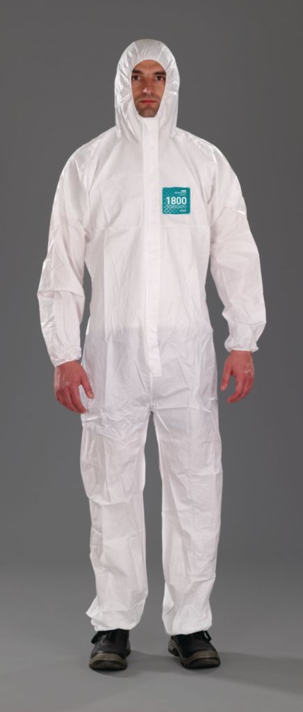 Ansell AlphaTec 1800 Standard Hooded Coverall white disposable coverall front view worn by model