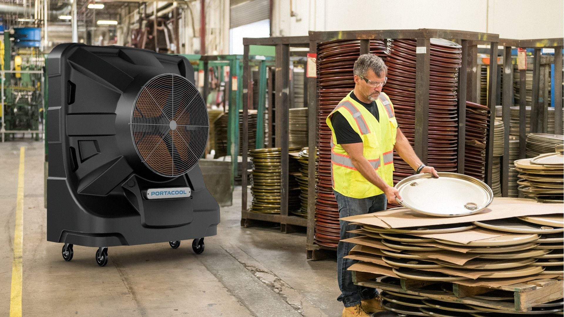 Portacool Apex 4000 Evaporative Cooler in use in an industrial manufacturing facility