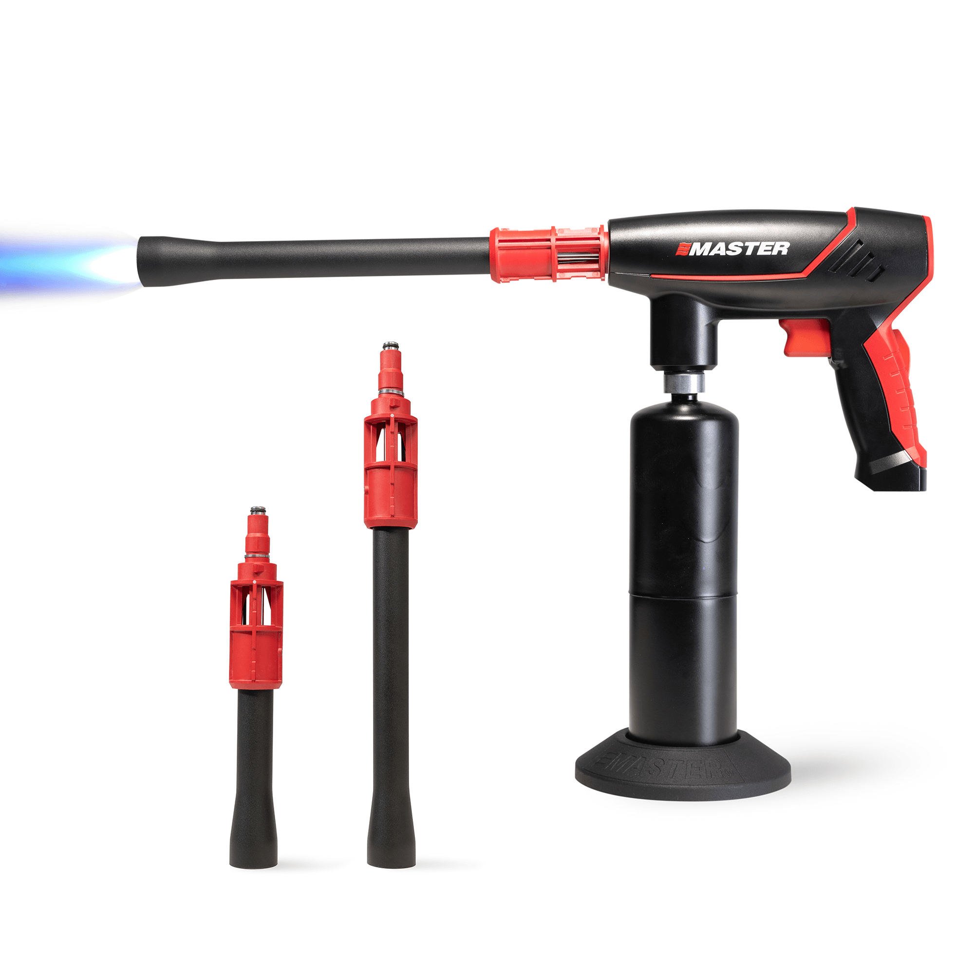 Master Appliance VMAX-550 propane torch firing blue flame with long barrel nozzle, shown with short nozzle and circular propane tank stand on white background