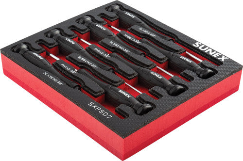 Sunex Tools SXPSD7 7-Pc Precision Phillips® & Slotted Screwdriver Set in EVA Foam Tray with Labeled Slots