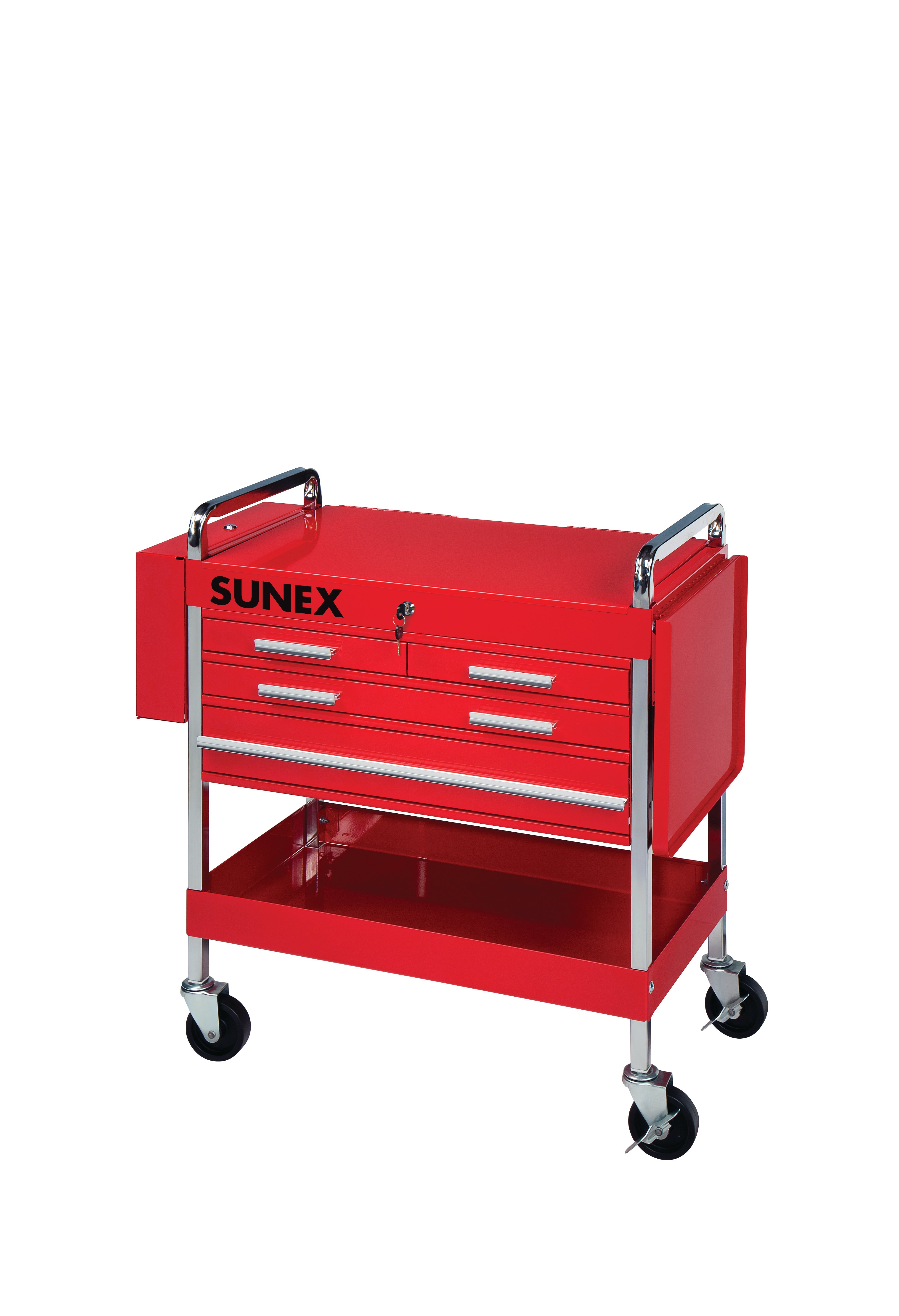 Sunex Tools 8013ADELUXE Deluxe Service Cart Red - Full View with 4 Drawers and Bottom Shelf
