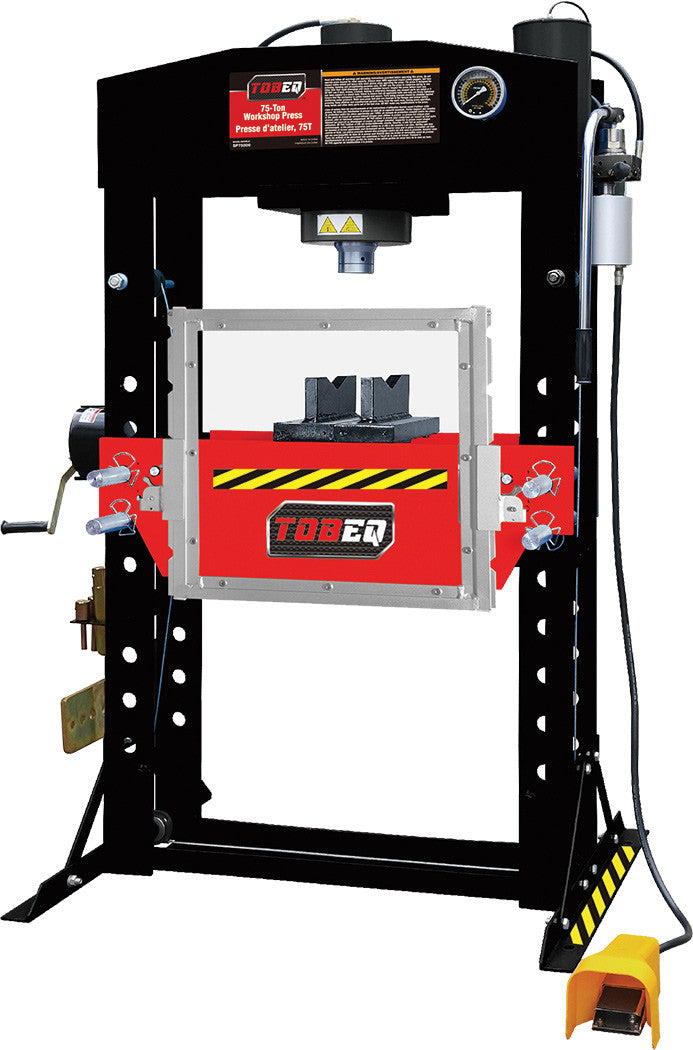 TOBEQ TBQ-SP75000 75-Ton Air/Hydraulic Shop Press with Protection Guard, red and black frame, transparent safety guard, yellow foot pedal, and pressure gauge