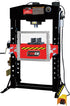TOBEQ TBQ-SP75000 75-Ton Air/Hydraulic Shop Press with Protection Guard, red and black frame, transparent safety guard, yellow foot pedal, and pressure gauge