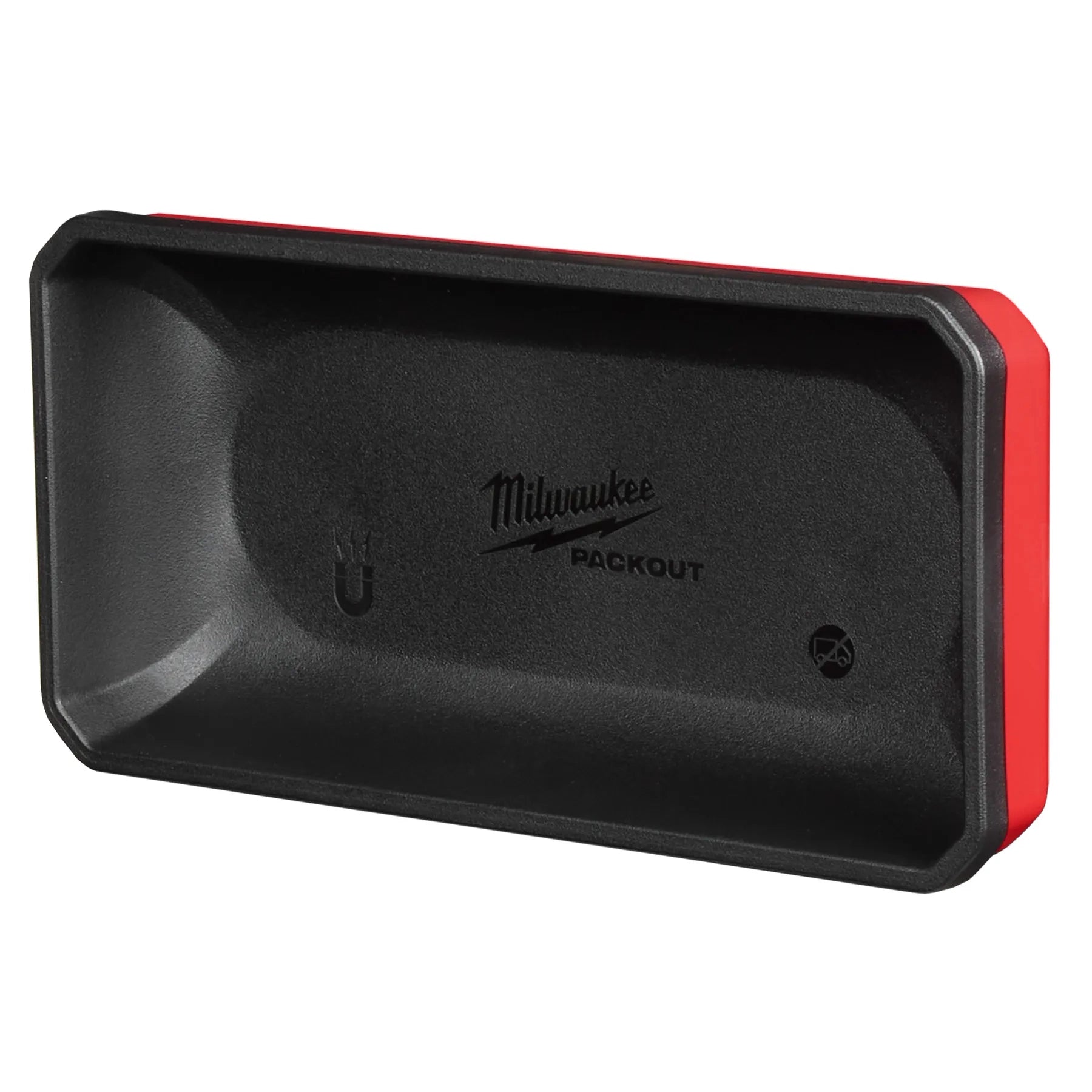 Milwaukee Tool 48-22-8071 PACKOUT Large Magnetic Bin - angled front view, black tray with red edge