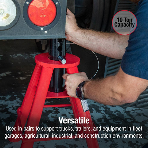 Sunex Tools 1310 Jack Stand in use supporting truck undercarriage, 10 Ton Capacity callout