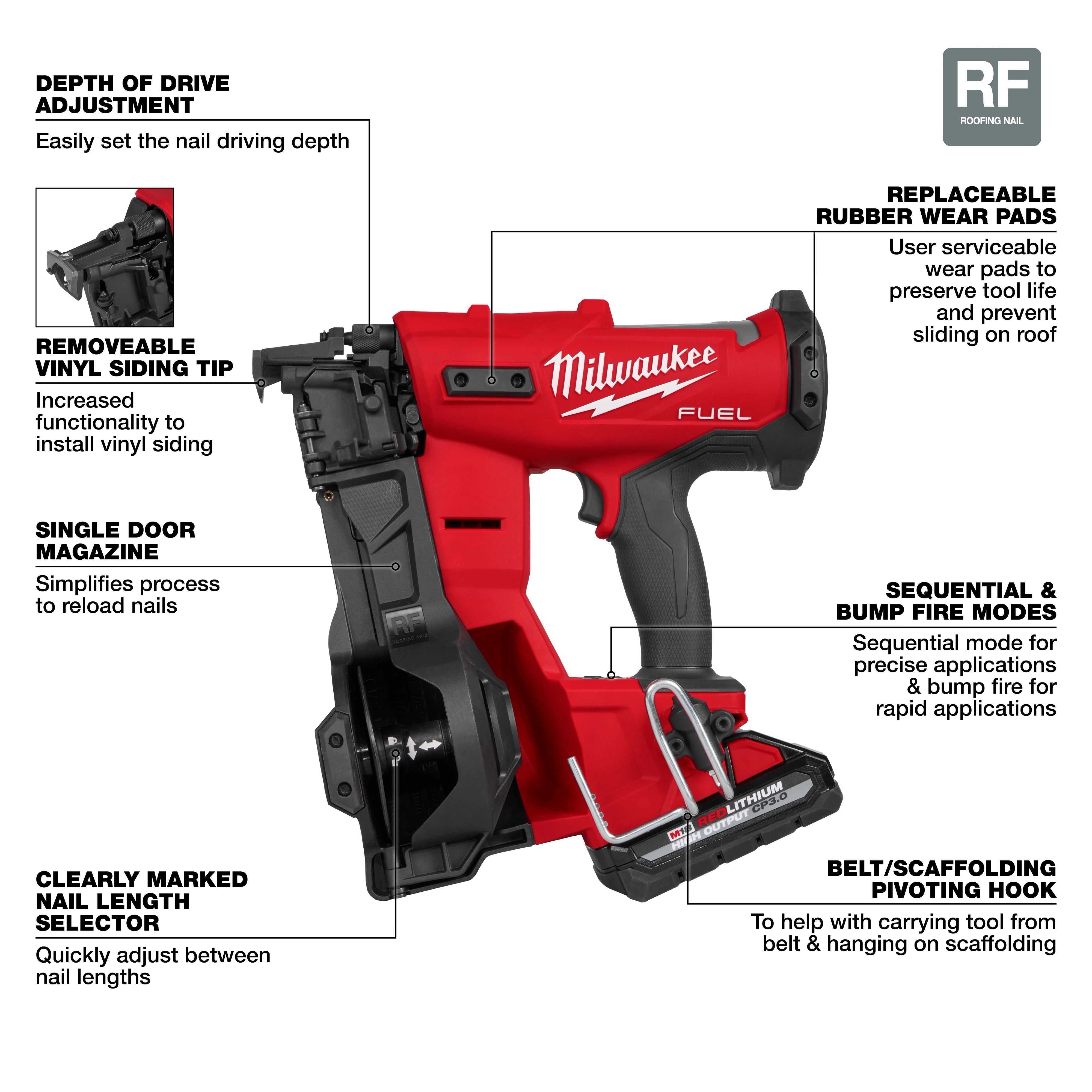 Milwaukee Tool 2909-21 M18 FUEL Coil Roofing Nailer feature callout: depth of drive adjustment, vinyl siding tip, single door magazine, replaceable rubber wear pads, sequential and bump fire modes, belt scaffolding hook