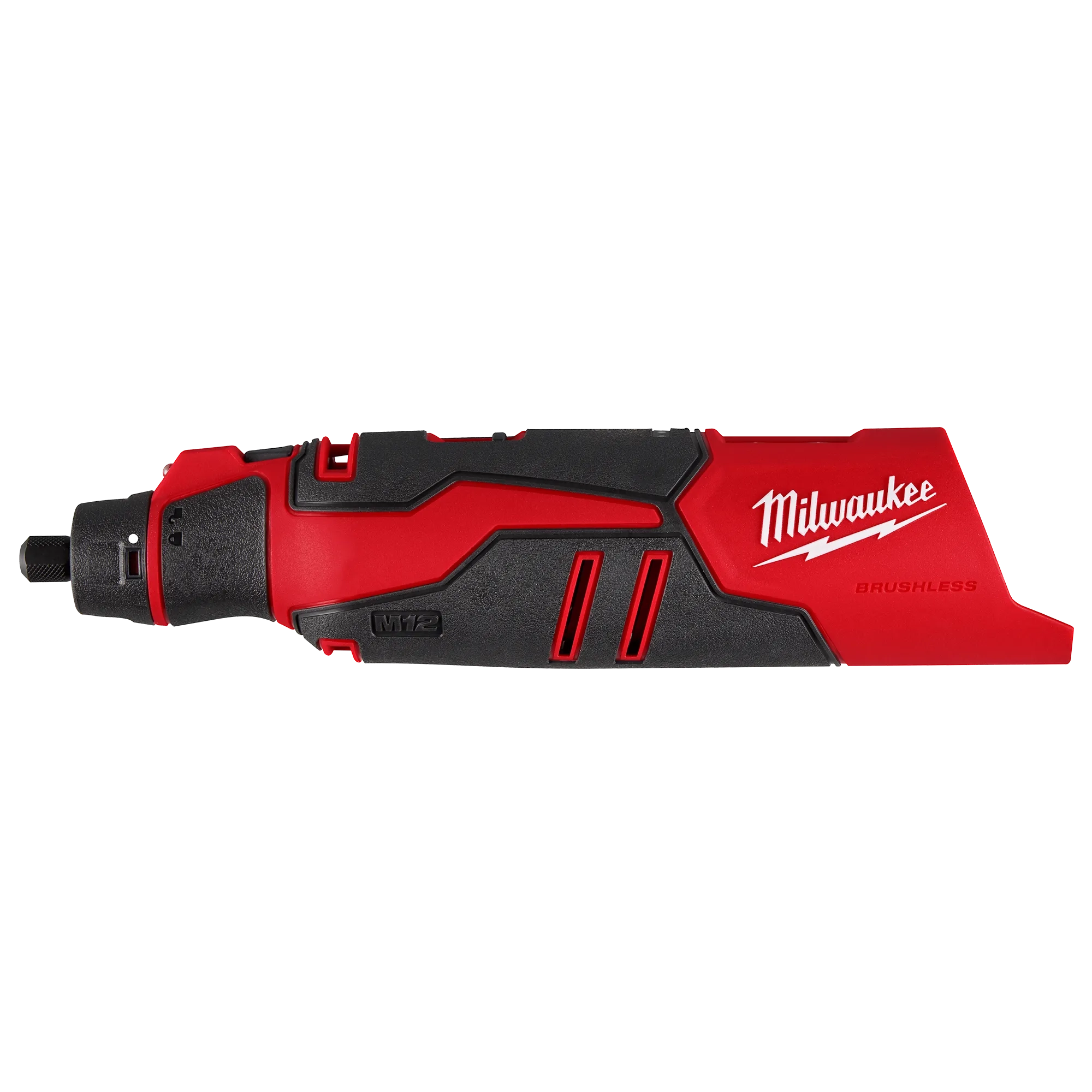 Milwaukee Tool 2525-20 M12 Brushless Rotary Tool side profile view on white background