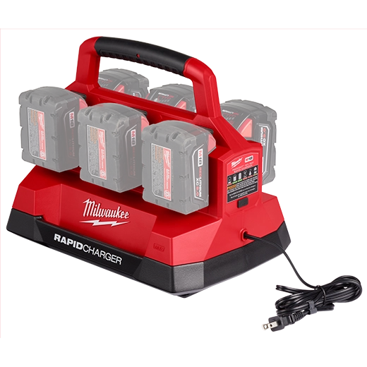 Milwaukee Tool M18 PACKOUT Six Bay Rapid Charger loaded with six M18 batteries and power cord