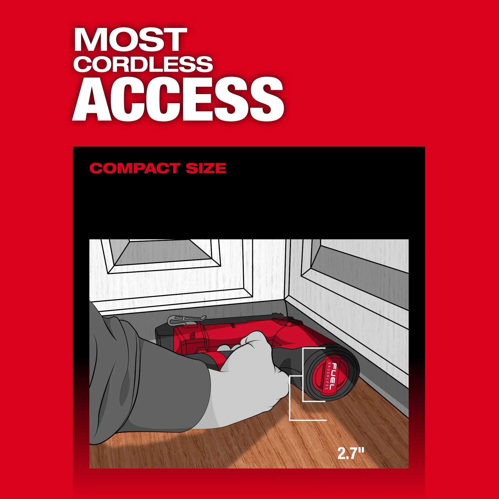 Milwaukee Tool 2541-20 M12 FUEL 18 Gauge Compact Brad Nailer - most cordless access infographic showing 2.7" compact size