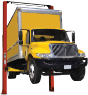 Coats 4T216SSR1 two-post lift supporting a yellow box truck, side angle view