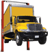 Coats 4T216SSR1 two-post lift supporting a yellow box truck, side angle view