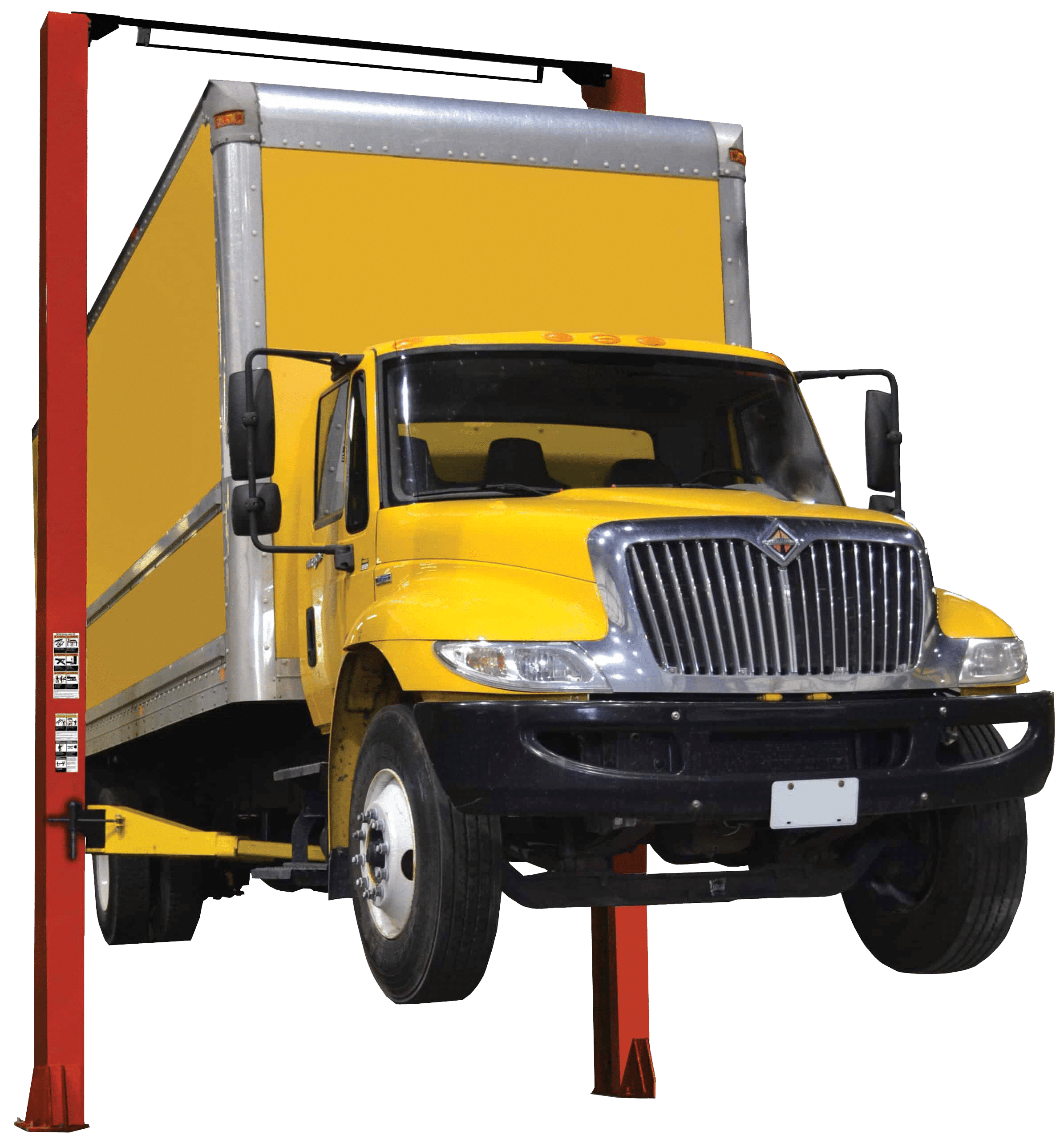 Coats 4T216SSR1 16,000 lb two-post lift raising a yellow box truck, front view