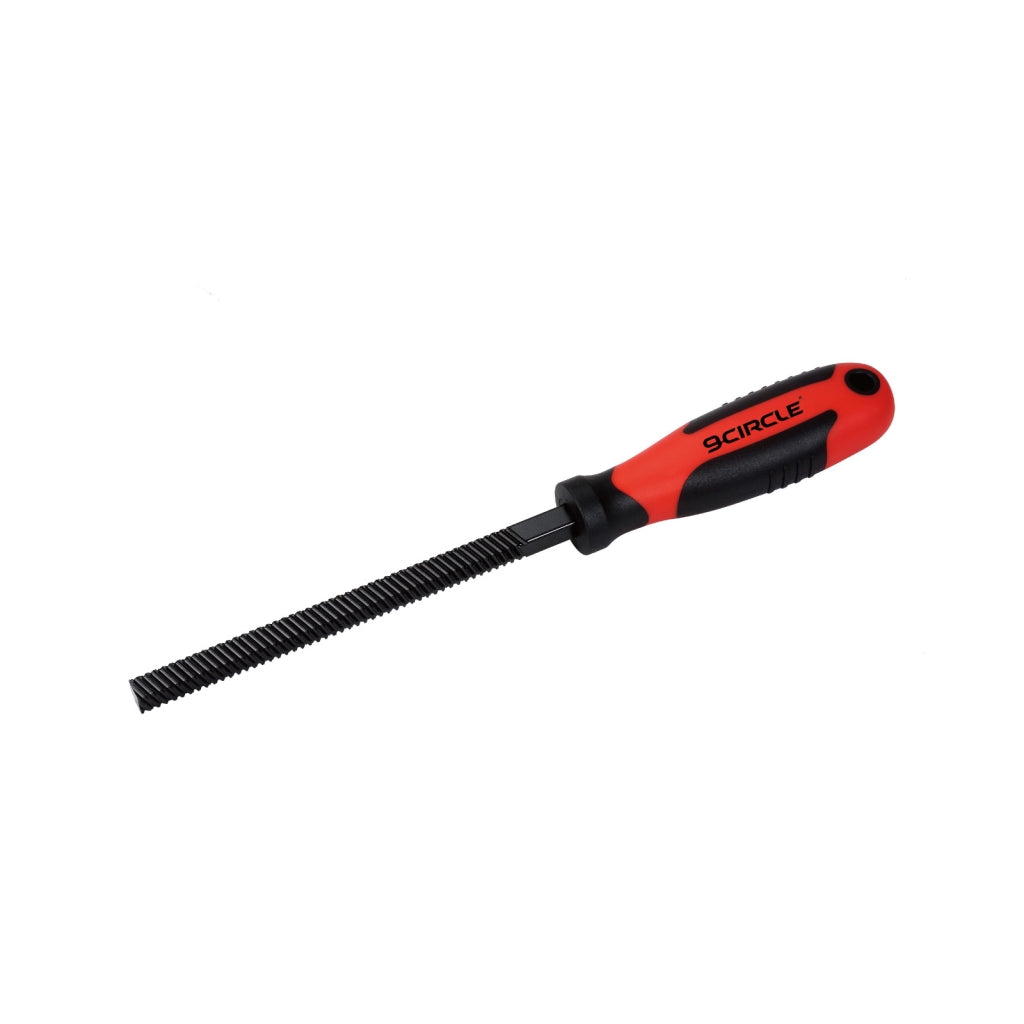 9 Circle 30460 Four-Sided Brake Caliper File Tool with red and black handle