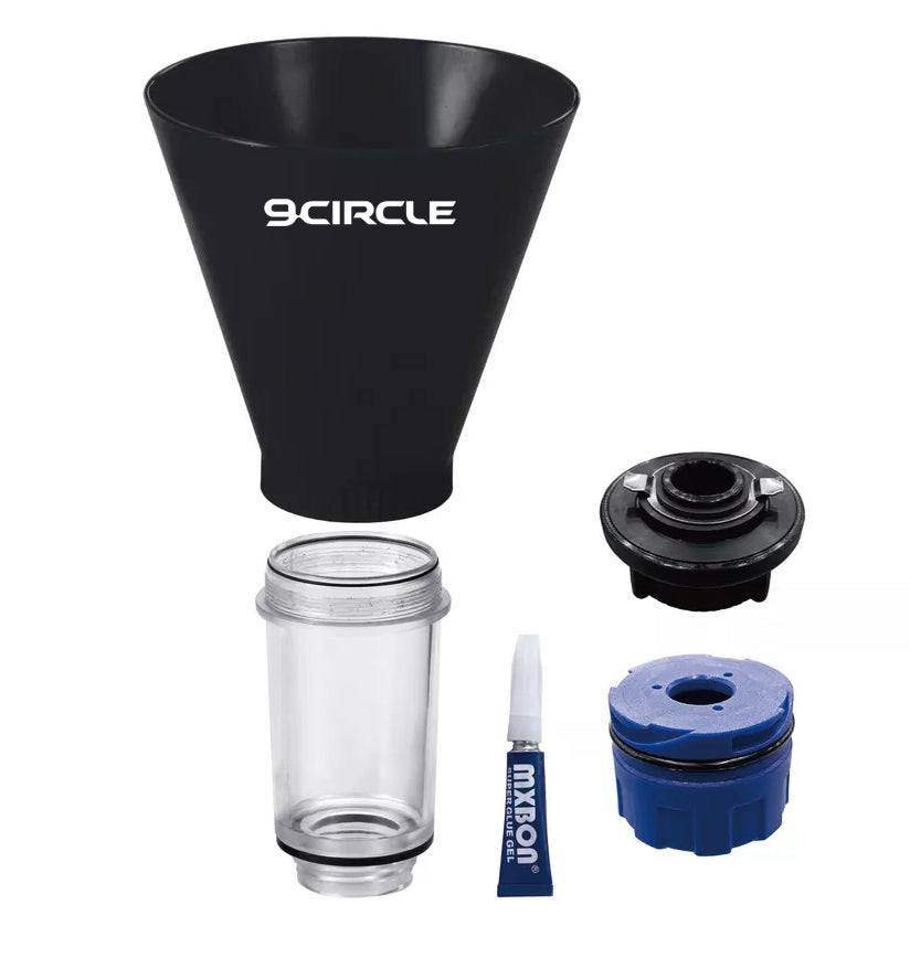 9 Circle 62731 Oil Funnel set with black two-tab adapter, blue 1/4 turn adapter, clear extension tube, and super glue gel