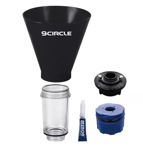 9 Circle 62731 Oil Funnel set with black two-tab adapter, blue 1/4 turn adapter, clear extension tube, and super glue gel