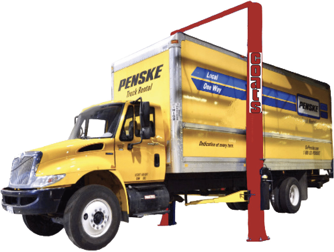 Coats 4T220SSR1 20,000 lb Two Post Lift lifting a large yellow Penske box truck