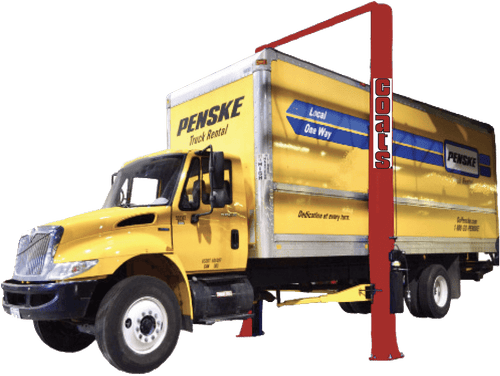 Coats 4T220SSR1 20,000 lb Two Post Lift lifting a large yellow Penske box truck