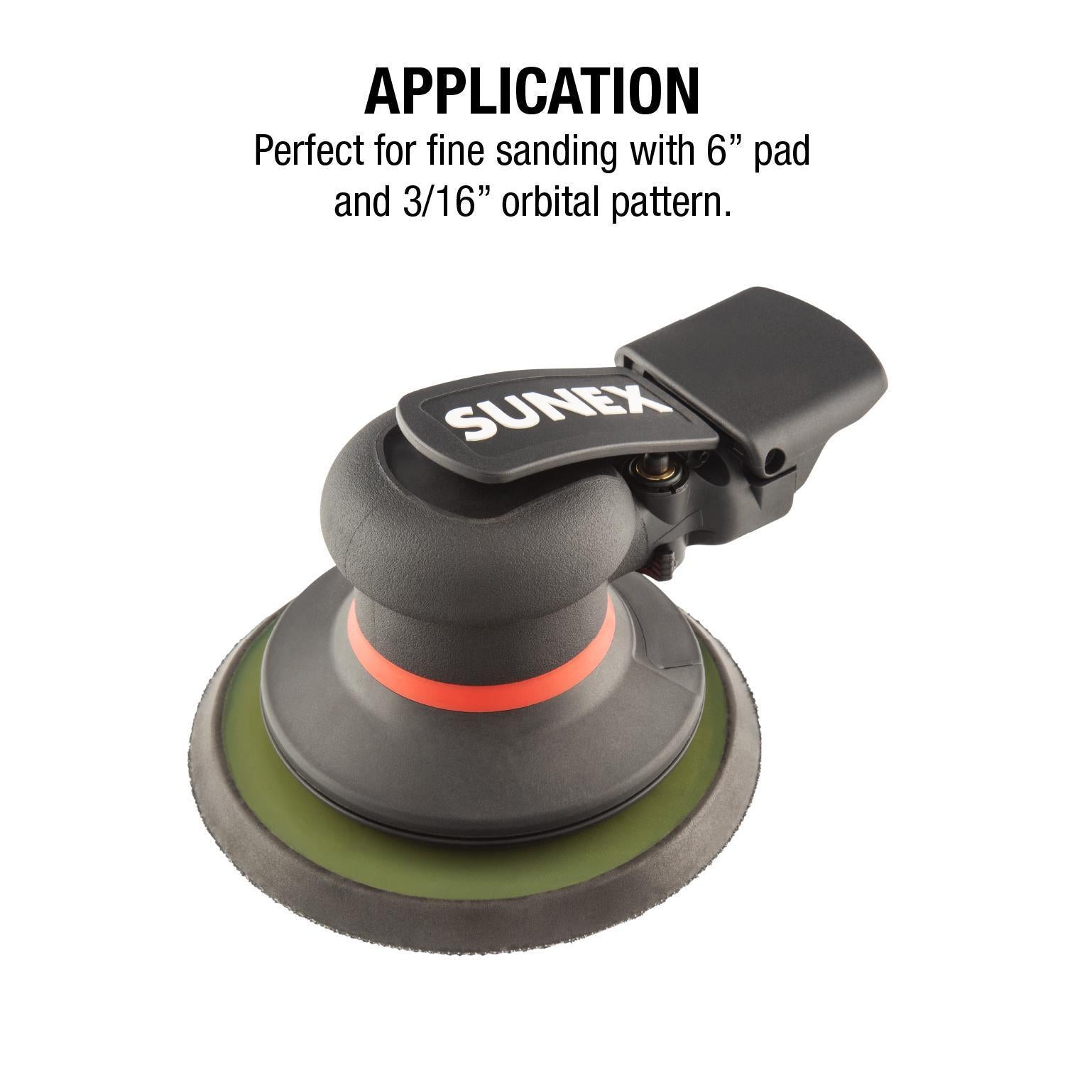 Sunex SXSN6P01 Orbital Palm Sander - Application callout, perfect for fine sanding with 6" pad