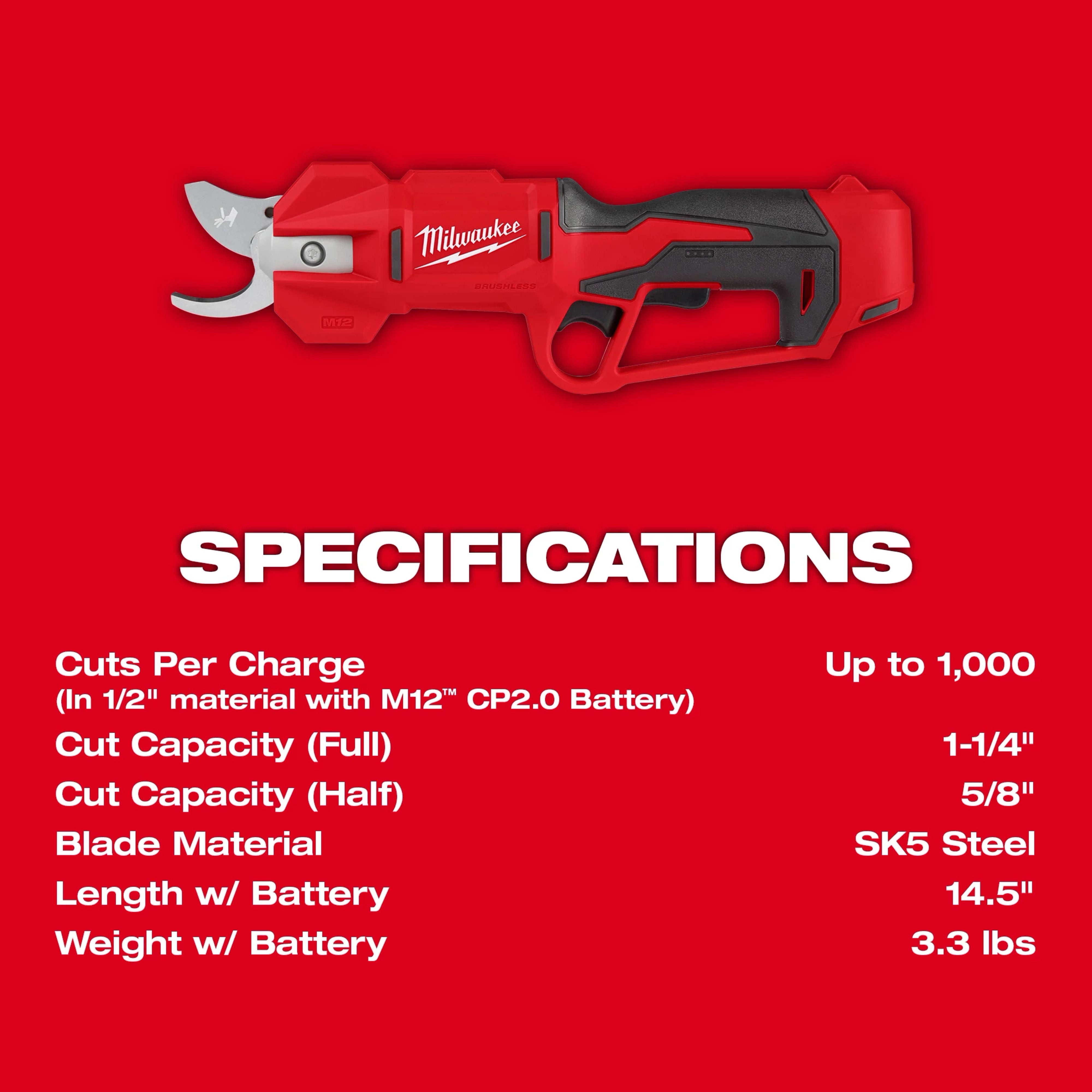 M12 Brushless Pruning Shears specifications infographic showing cut capacity, blade material, length, and weight