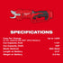 M12 Brushless Pruning Shears specifications infographic showing cut capacity, blade material, length, and weight