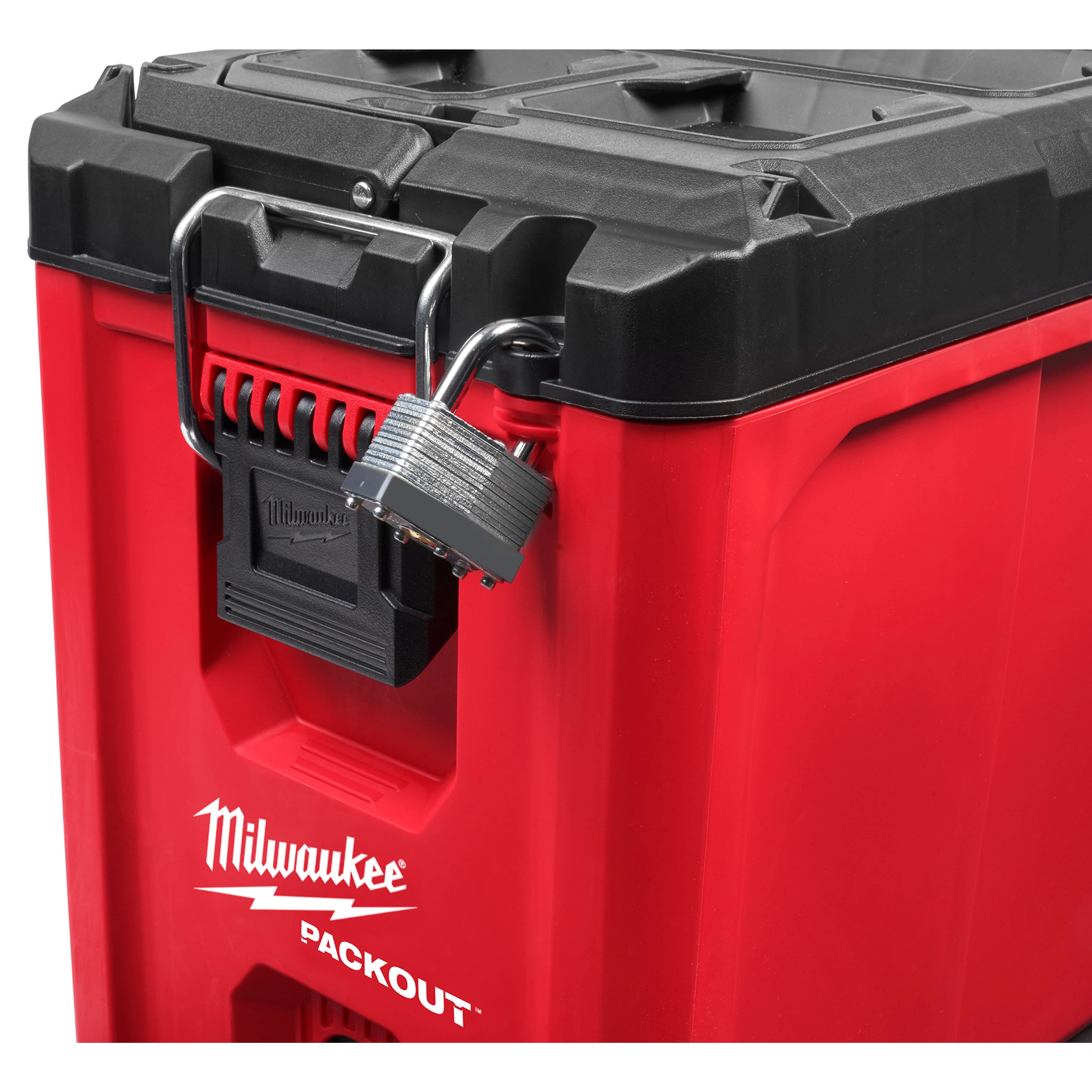 Milwaukee PACKOUT Compact Tool Box close-up of metal reinforced locking point with padlock installed