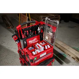 Milwaukee Tool PACKOUT First Aid Kit Type II stacked within PACKOUT modular storage system