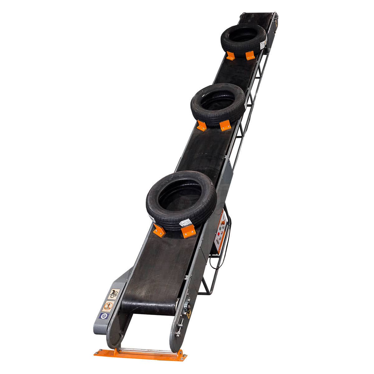Martins Industries MRI-TC-18 Floor-to-Floor 18' Inclined Belt Tire Conveyor with orange angled PVC cleats carrying passenger car tires