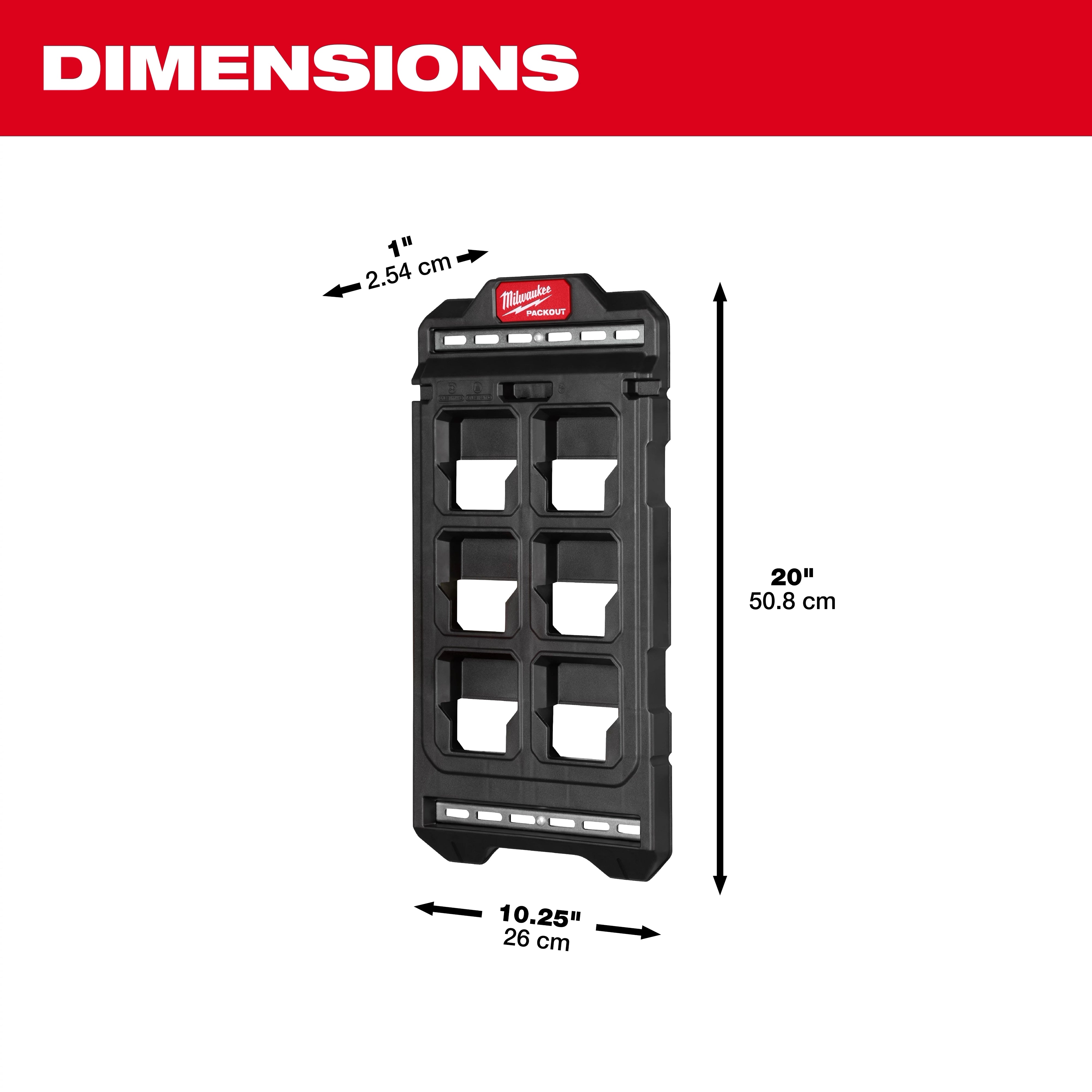 Milwaukee PACKOUT Compact Wall Plate dimensions: 20 in H x 10.25 in W x 1 in D