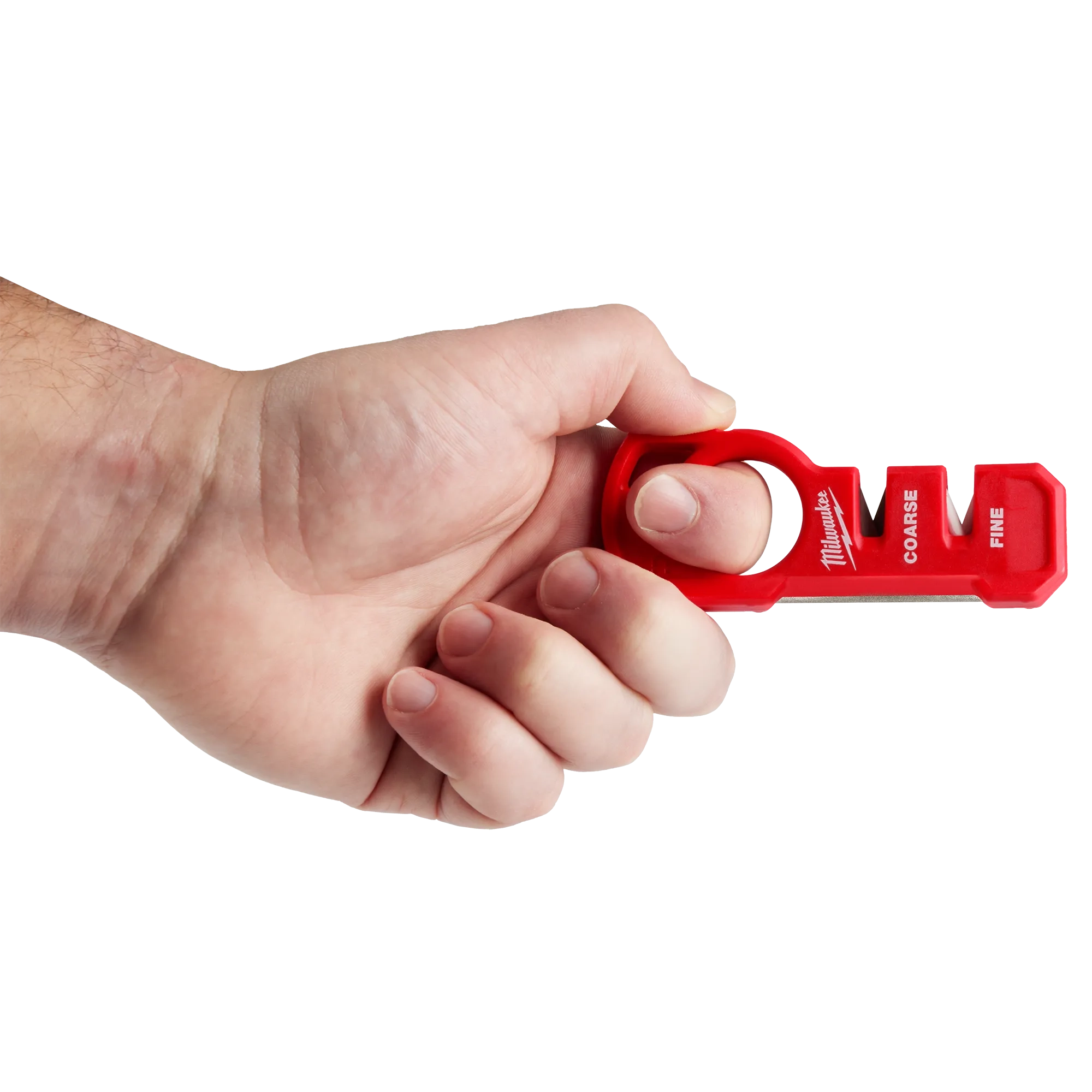 Milwaukee Tool 48-22-1590 Compact Knife Sharpener shown in hand demonstrating finger loop grip