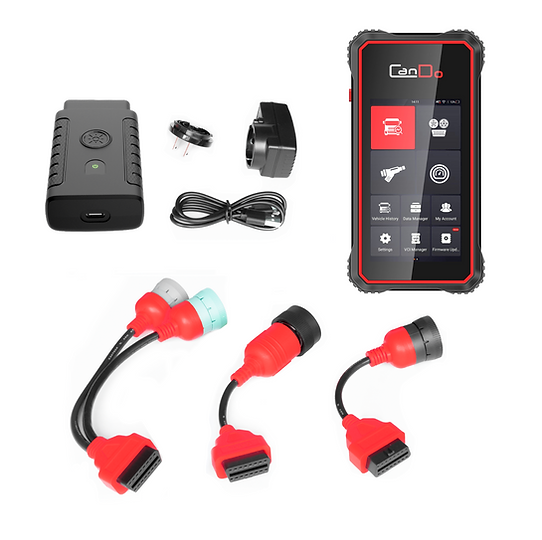 CanDo HD Code III complete kit including scanner, wireless VCI, power adapter, USB cable, and heavy duty truck adapter cables