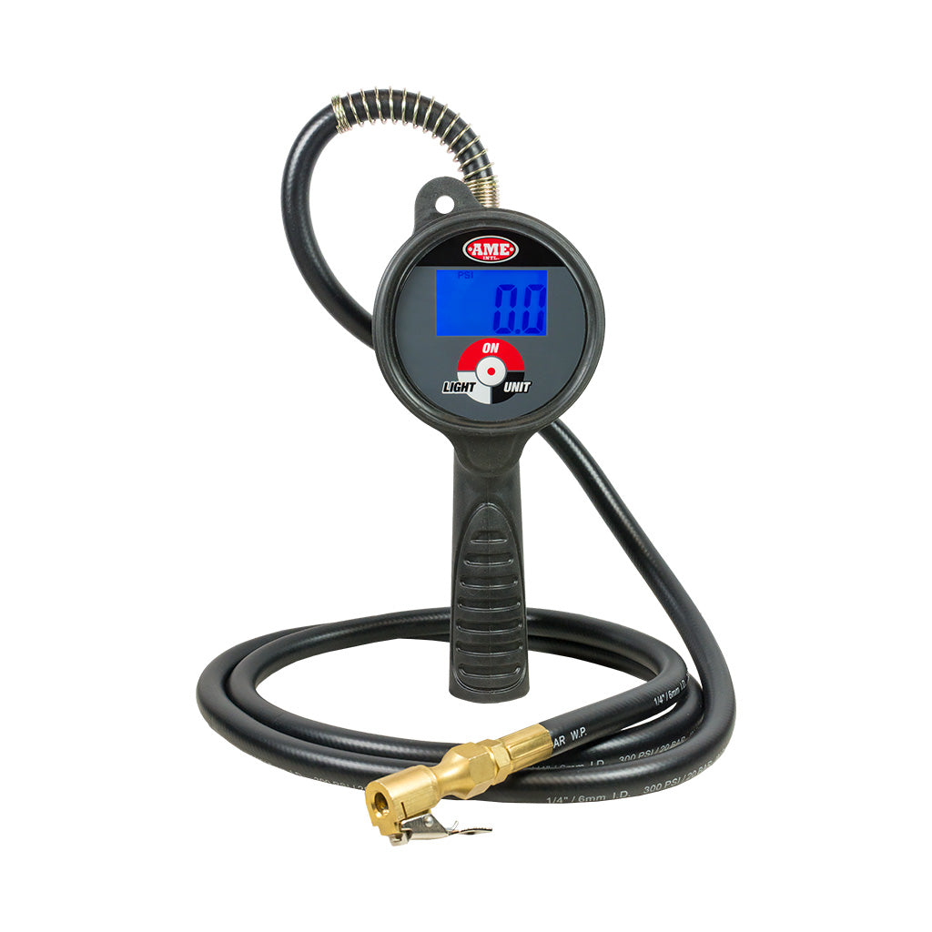 AME International 24867 Accu-Flate XL Digital Tire Inflator with 6 ft wire-sheathed hose, backlit LCD display, and brass tire chuck