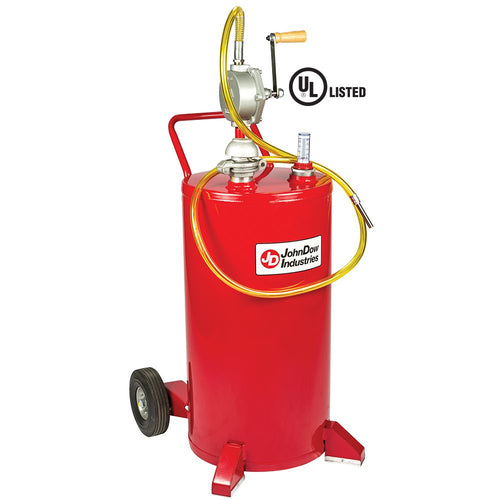 JohnDow Industries FC-25GC 25-Gallon UL Listed Steel Gas Caddy with rotary pump, fill level gauge, and 8-inch steel wheels