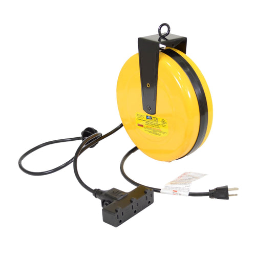 Alert Stamping ProReel ALT-5000A-30GF-CB yellow retractable cord reel showing ProReel label and mounting bracket, angled rear view