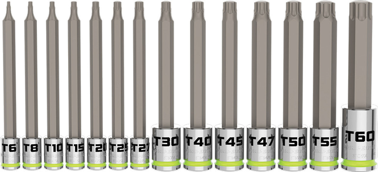 GripEdge ST14LS 14-pc 1/4", 3/8", 1/2" Dr. Long RPT Torx Bit Socket Set, T6-T60 - MPR Tools & Equipment